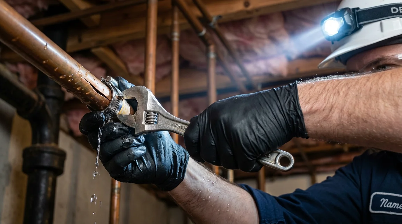 Emergency pipe clamp repair being performed by a Johns Plumbing LLC plumber in Haines City