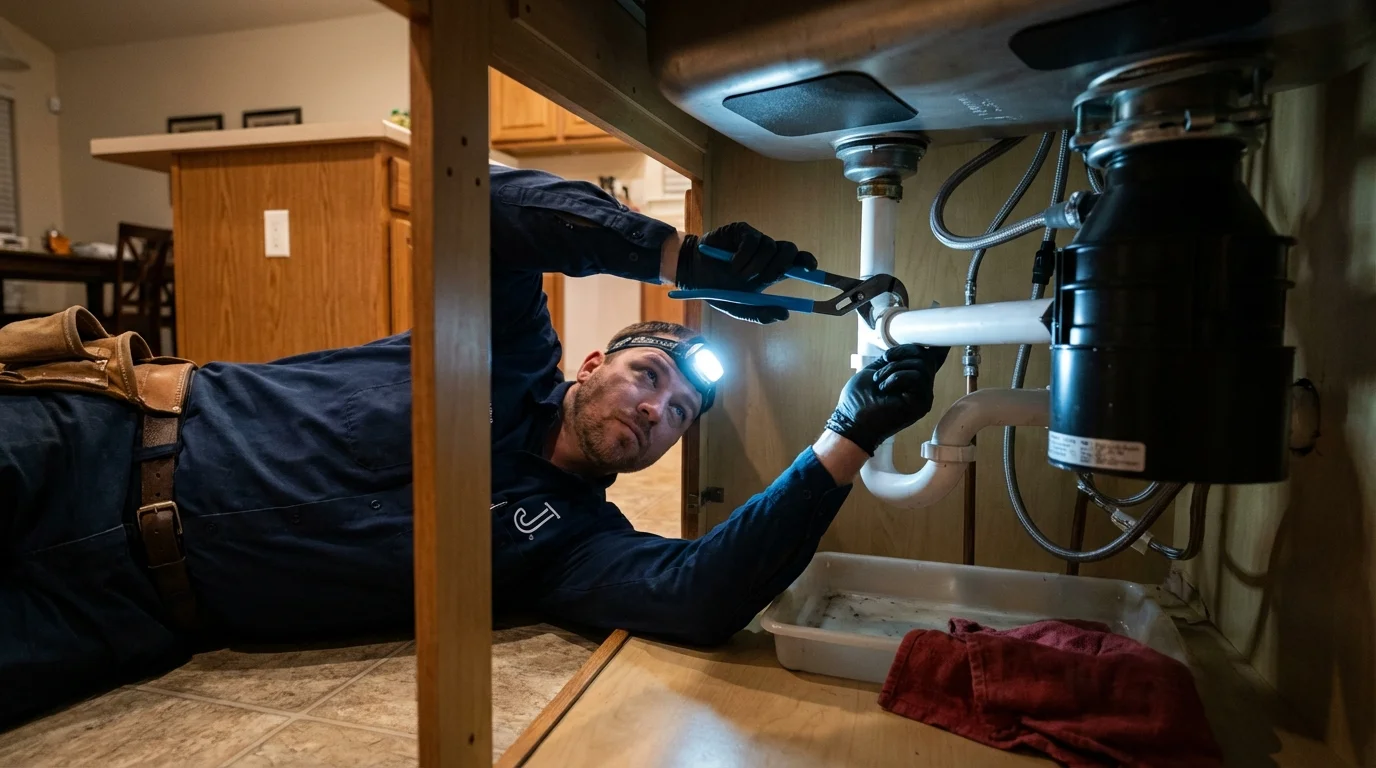 P-trap and supply line connections under a kitchen sink showing a common leak point in Haines City, FL